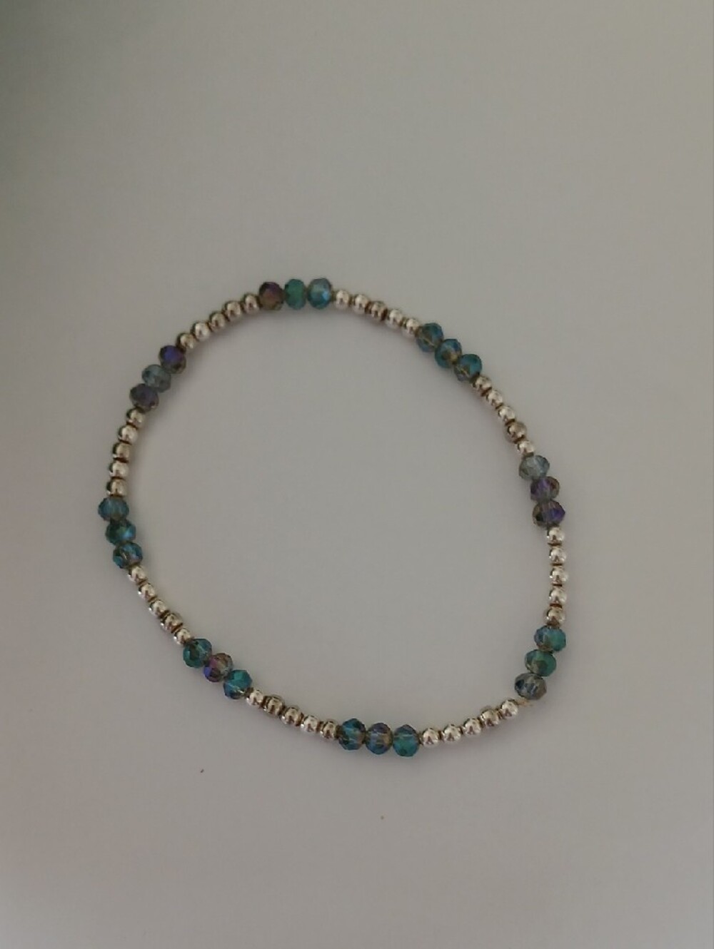 Sterling Silver 925  Beaded Bracelet with Blue-Green Crystal Glass  Accents